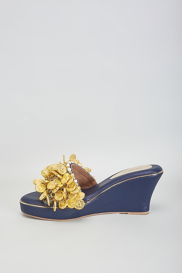 Gold Rexine Coin Embellished Wedges by Foot Fuel at Pernia's Pop Up Shop