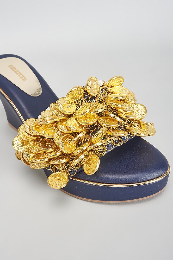 Gold Rexine Coin Embellished Wedges by Foot Fuel at Pernia's Pop Up Shop