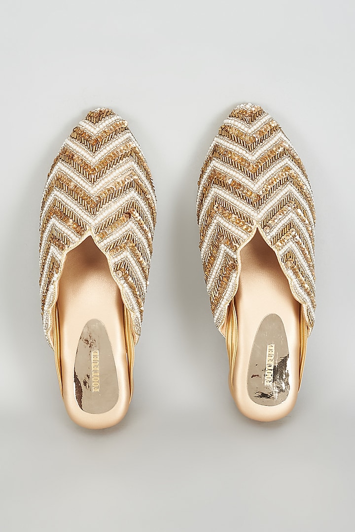 Gold Rexine Sequins Embroidered Woven Jutti by Foot Fuel