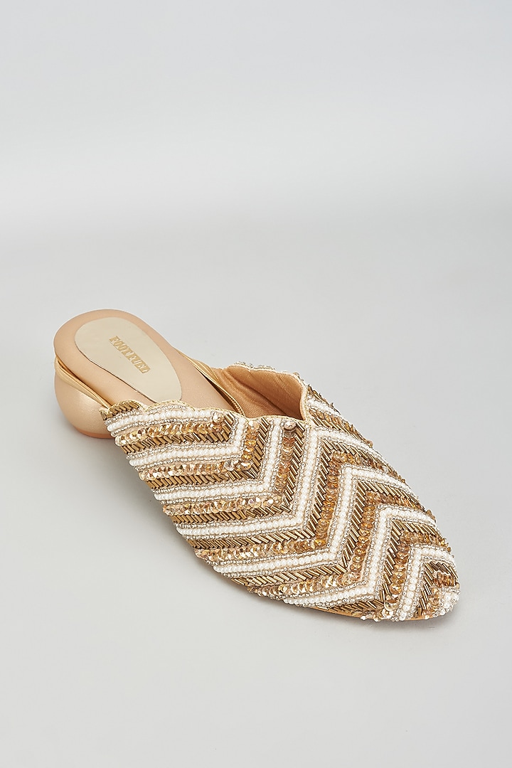 Gold Rexine Sequins Embroidered Woven Jutti by Foot Fuel at Pernia's Pop Up Shop