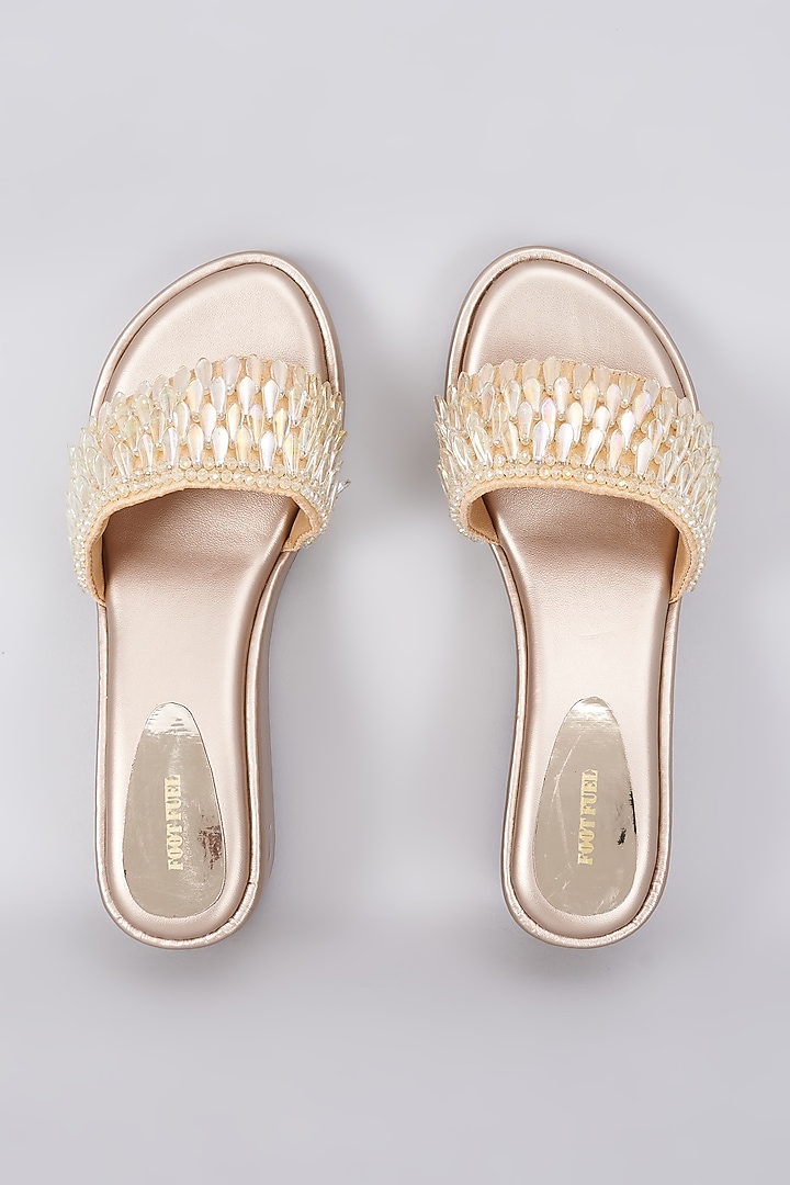Gold Rexine Pearl Embellished Wedges by Foot Fuel at Pernia's Pop Up Shop