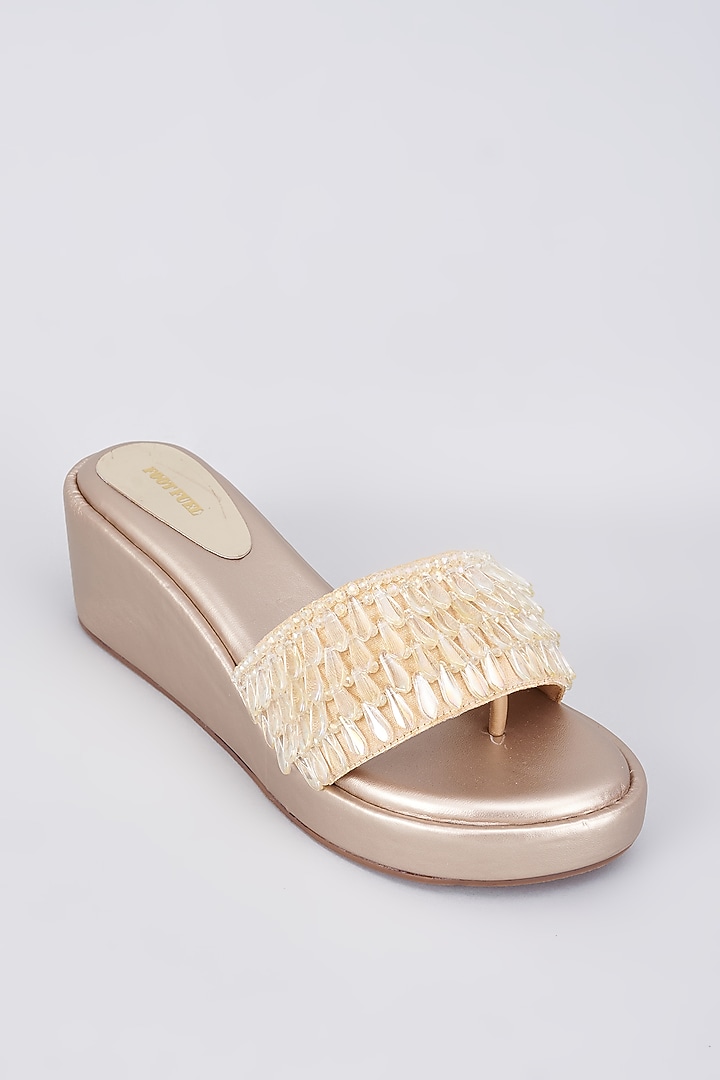 Gold Rexine Pearl Embellished Wedges by Foot Fuel at Pernia's Pop Up Shop