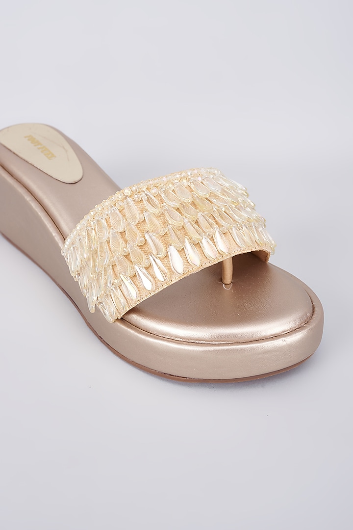 Gold Rexine Pearl Embellished Wedges by Foot Fuel at Pernia's Pop Up Shop