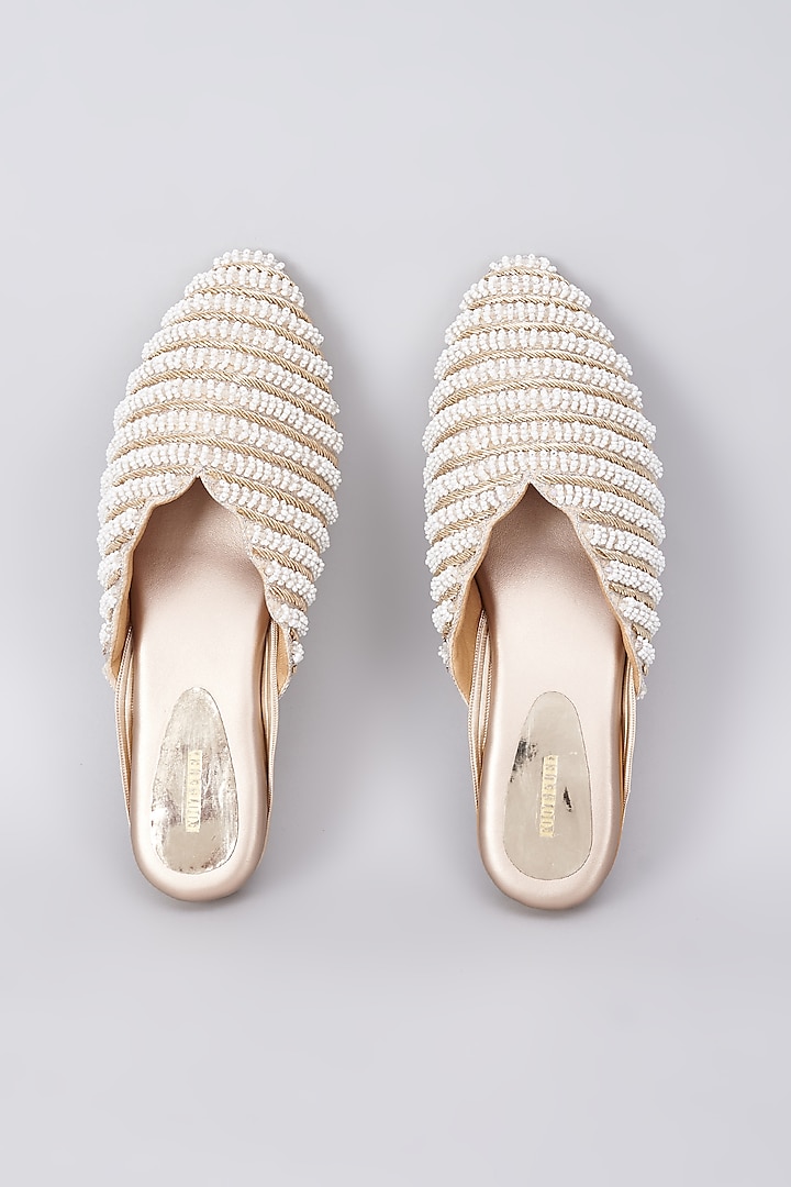 Gold Rexine Pearl Embellished Juttis by Foot Fuel