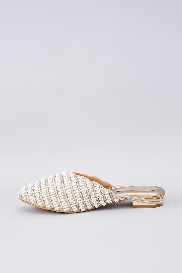 Gold Rexine Pearl Embellished Juttis by Foot Fuel at Pernia's Pop Up Shop