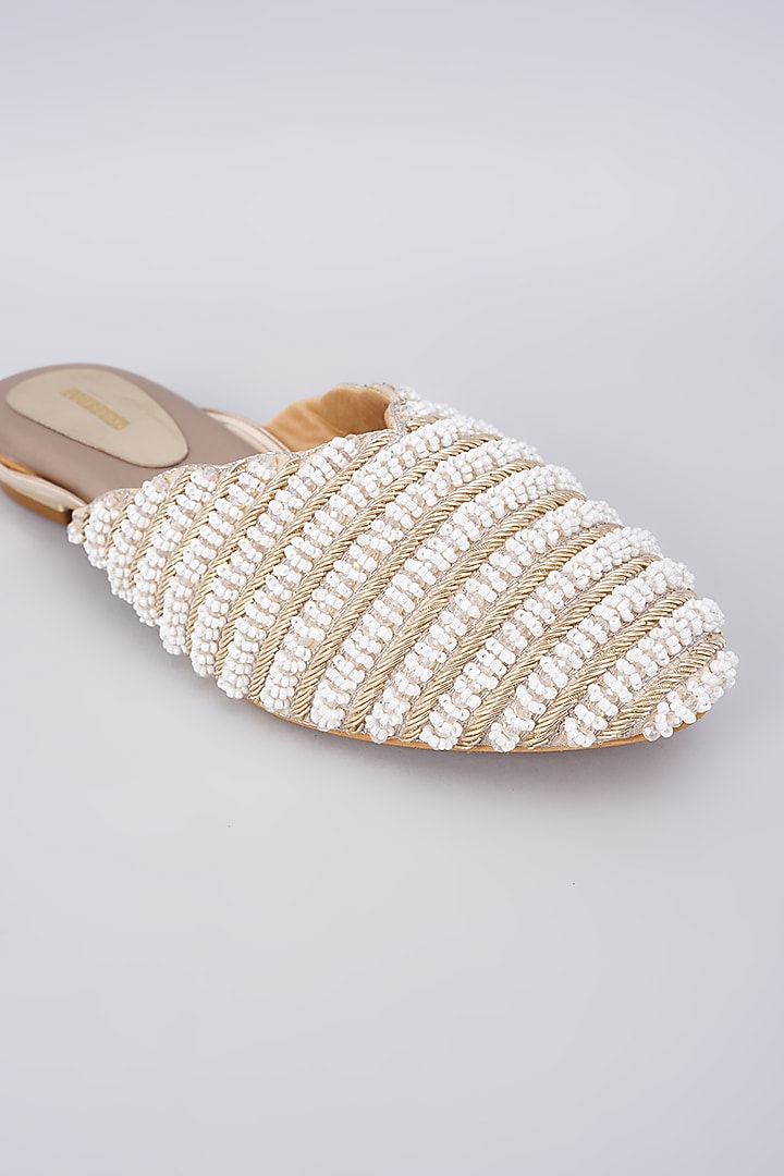 Gold Rexine Pearl Embellished Juttis by Foot Fuel at Pernia's Pop Up Shop