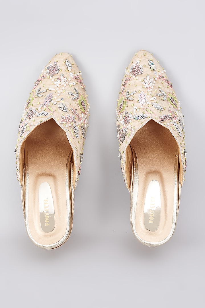 Gold Silk & Rexine Floral Embroidered Juttis by Foot Fuel at Pernia's Pop Up Shop