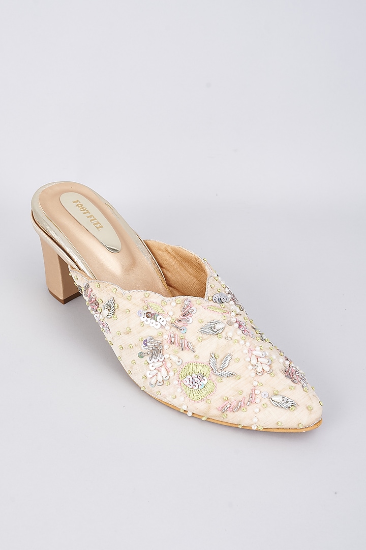 Gold Silk & Rexine Floral Embroidered Juttis by Foot Fuel at Pernia's Pop Up Shop