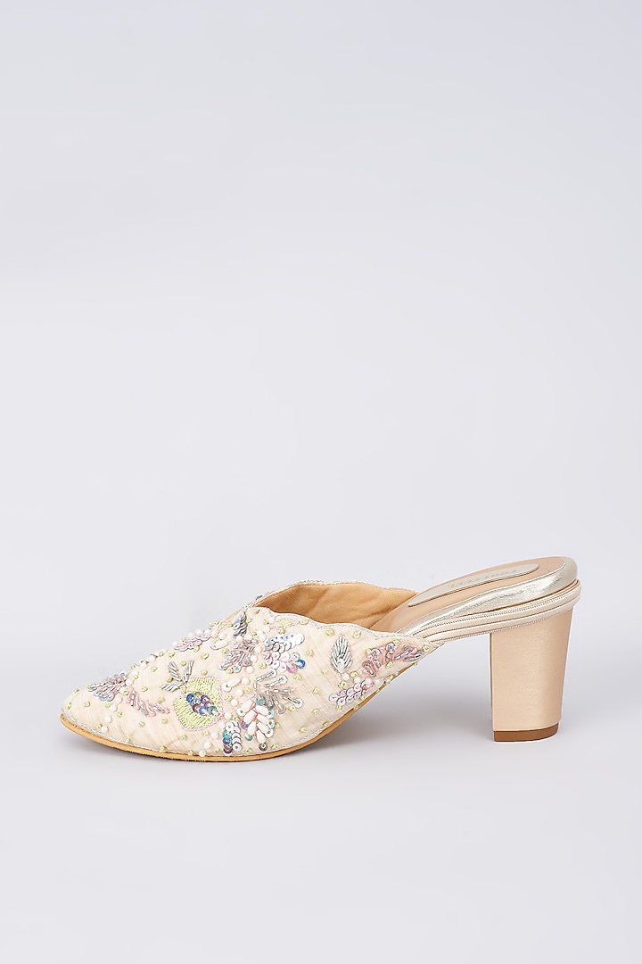 Gold Silk & Rexine Floral Embroidered Juttis by Foot Fuel at Pernia's Pop Up Shop