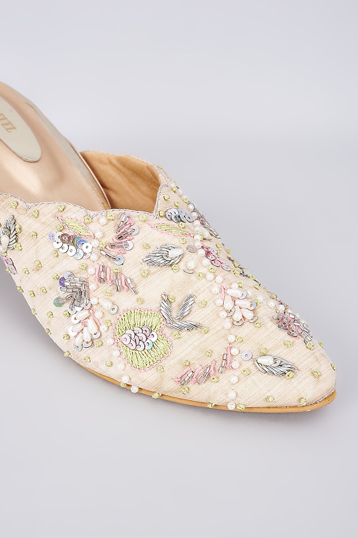 Gold Silk & Rexine Floral Embroidered Juttis by Foot Fuel at Pernia's Pop Up Shop