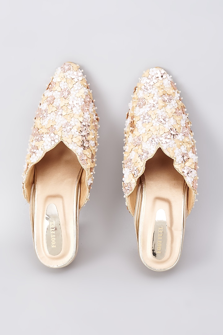 Gold Silk & Rexine Floral Embroidered Juttis by Foot Fuel at Pernia's Pop Up Shop