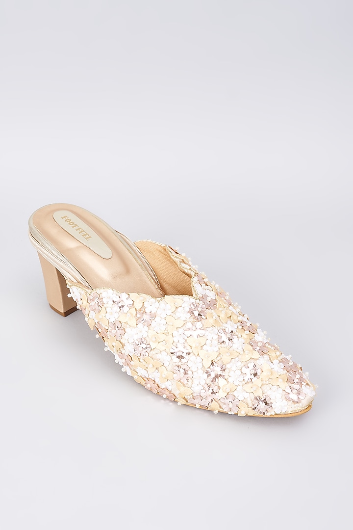 Gold Silk & Rexine Floral Embroidered Juttis by Foot Fuel at Pernia's Pop Up Shop