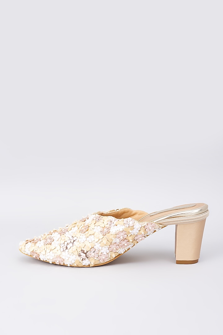 Gold Silk & Rexine Floral Embroidered Juttis by Foot Fuel at Pernia's Pop Up Shop