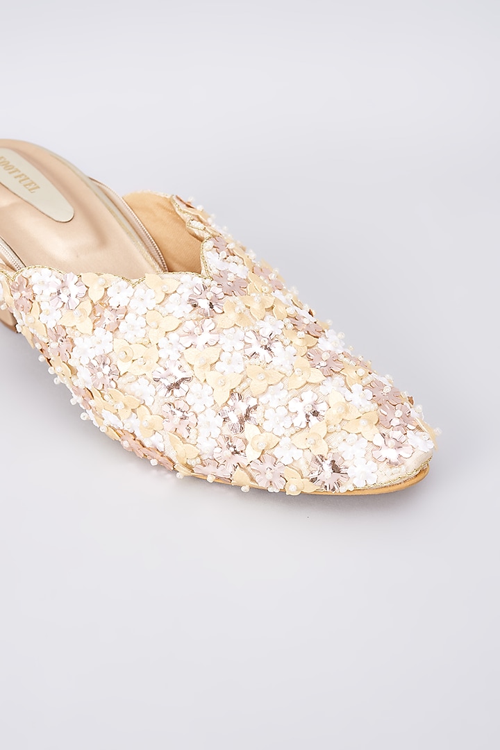 Gold Silk & Rexine Floral Embroidered Juttis by Foot Fuel at Pernia's Pop Up Shop