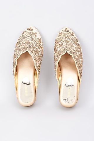 Tan Silk & Rexine Zardosi Embellished Juttis by Foot Fuel
