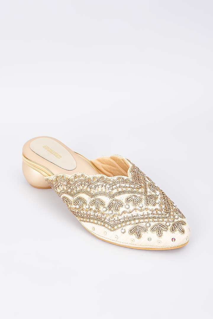 Tan Silk & Rexine Zardosi Embellished Juttis by Foot Fuel at Pernia's Pop Up Shop