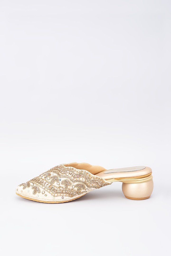 Tan Silk & Rexine Zardosi Embellished Juttis by Foot Fuel at Pernia's Pop Up Shop