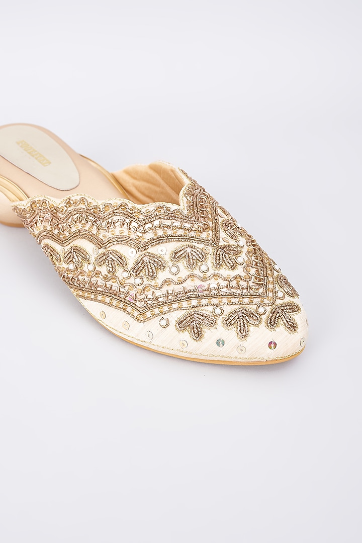 Tan Silk & Rexine Zardosi Embellished Juttis by Foot Fuel at Pernia's Pop Up Shop