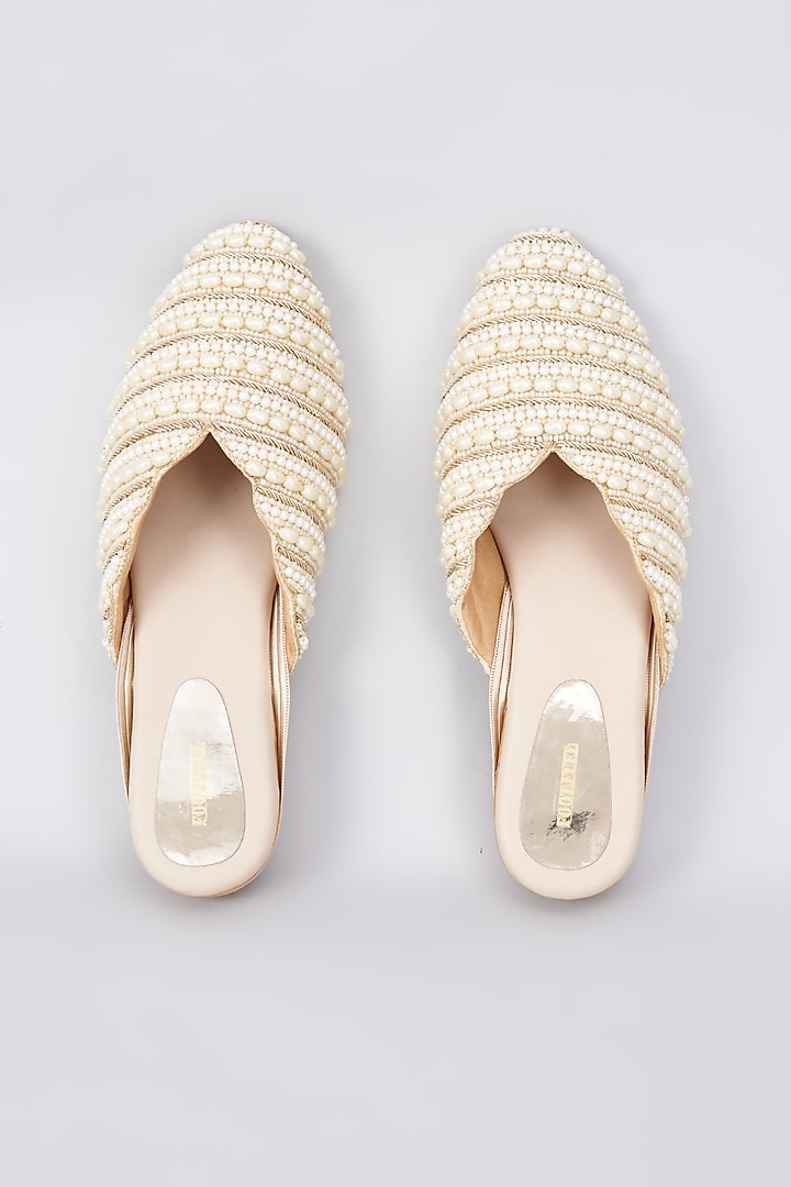 Gold Rexine Pearl Embellished Juttis by Foot Fuel