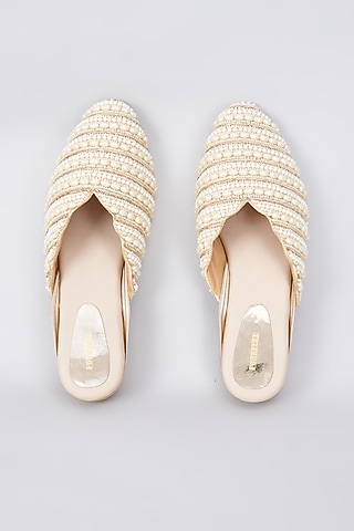 Gold Rexine Pearl Embellished Juttis by Foot Fuel