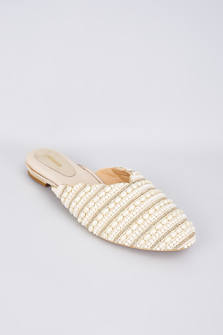 Gold Rexine Pearl Embellished Juttis by Foot Fuel at Pernia's Pop Up Shop