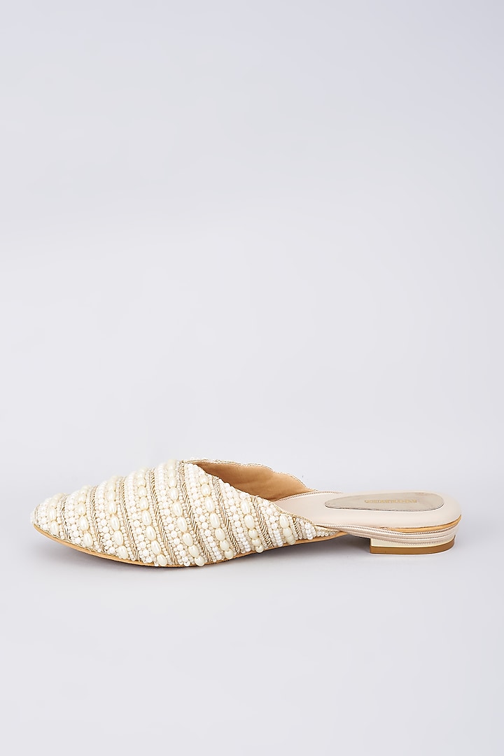 Gold Rexine Pearl Embellished Juttis by Foot Fuel at Pernia's Pop Up Shop
