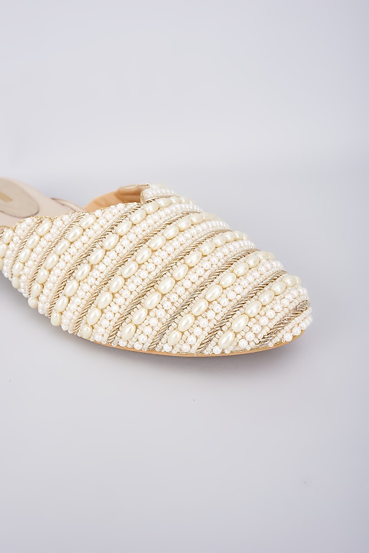 Gold Rexine Pearl Embellished Juttis by Foot Fuel at Pernia's Pop Up Shop