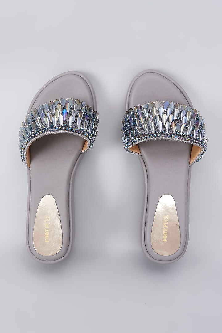 Grey Rexine Crystal Embellished Wedges by Foot Fuel at Pernia's Pop Up Shop