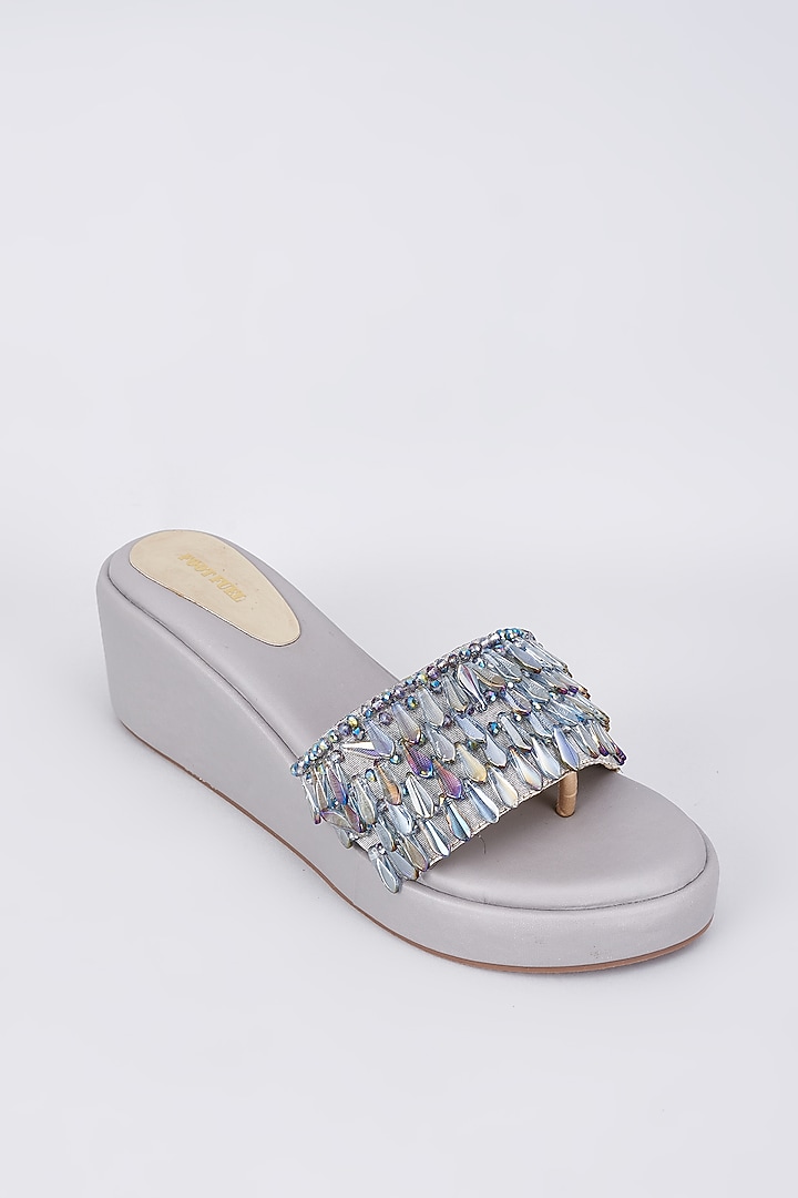 Grey Rexine Crystal Embellished Wedges by Foot Fuel at Pernia's Pop Up Shop
