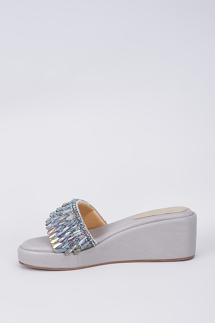 Grey Rexine Crystal Embellished Wedges by Foot Fuel at Pernia's Pop Up Shop