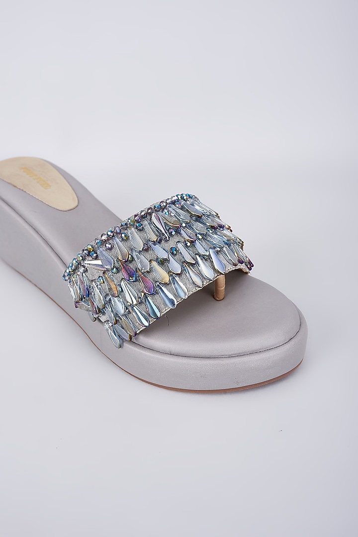 Grey Rexine Crystal Embellished Wedges by Foot Fuel at Pernia's Pop Up Shop