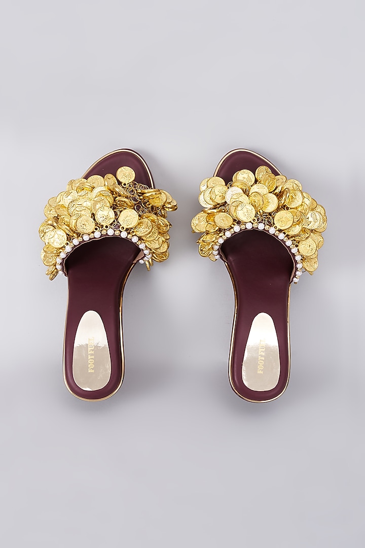 Brown Rexine Coin Embellished Wedges by Foot Fuel at Pernia's Pop Up Shop