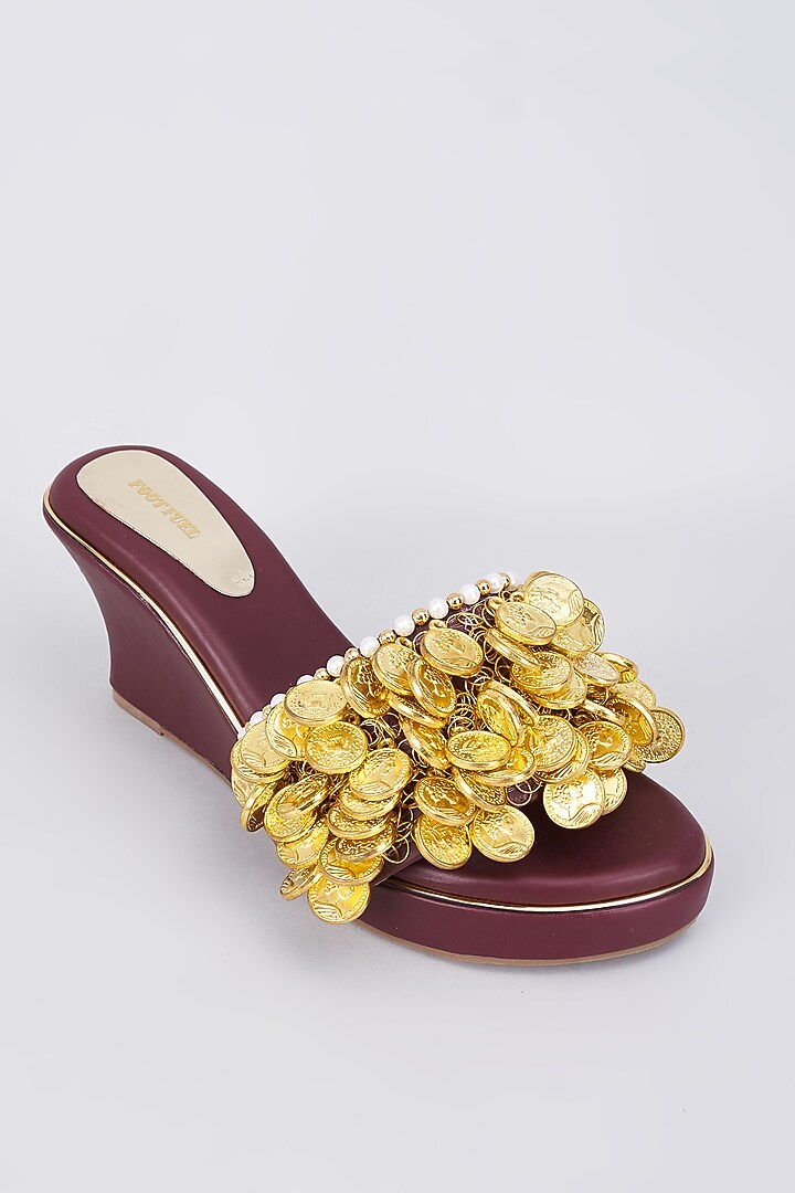 Brown Rexine Coin Embellished Wedges by Foot Fuel at Pernia's Pop Up Shop