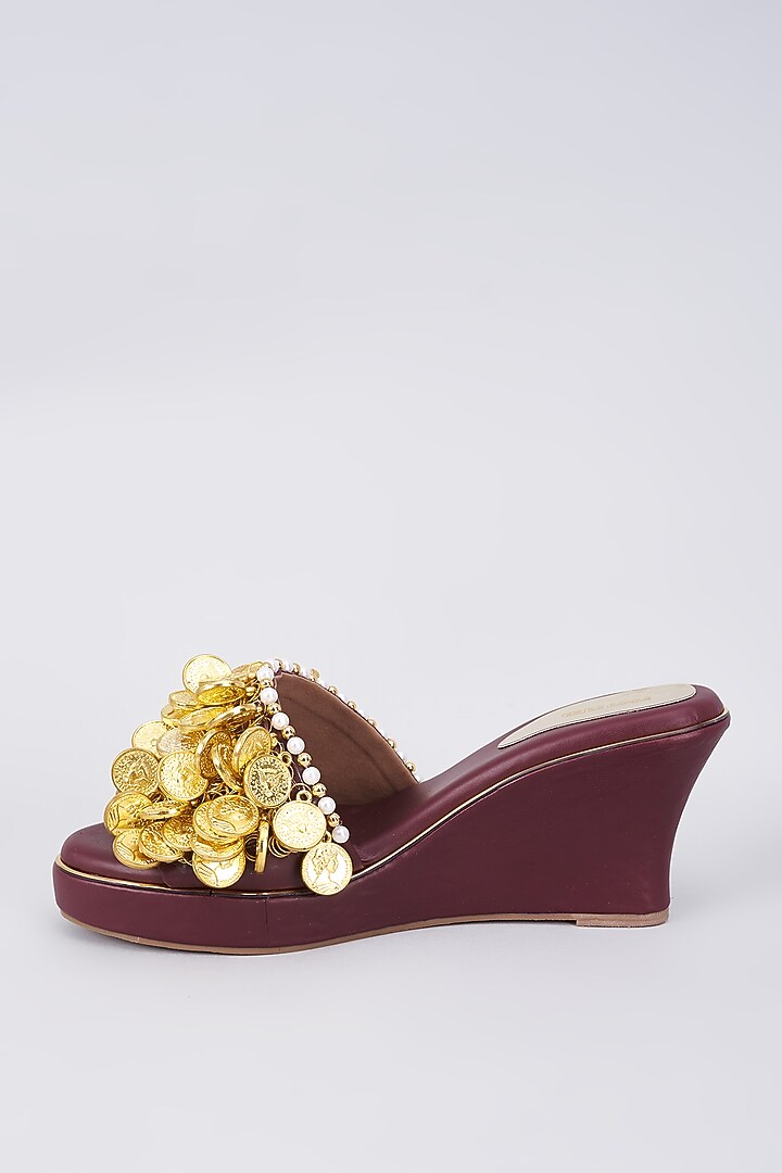 Brown Rexine Coin Embellished Wedges by Foot Fuel at Pernia's Pop Up Shop