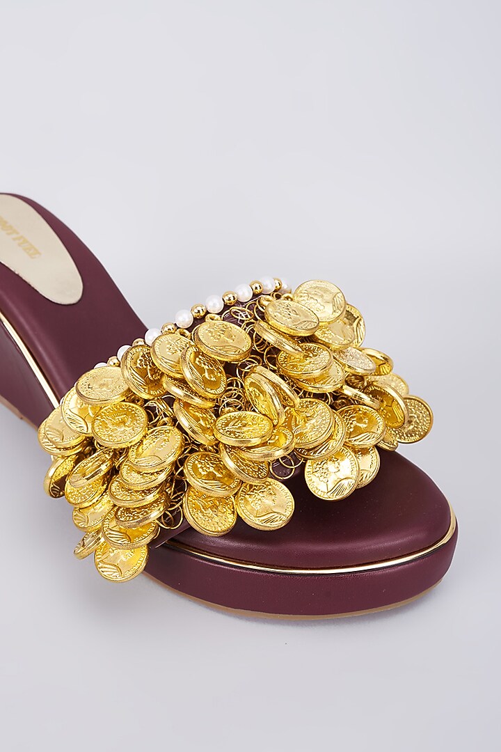Brown Rexine Coin Embellished Wedges by Foot Fuel at Pernia's Pop Up Shop