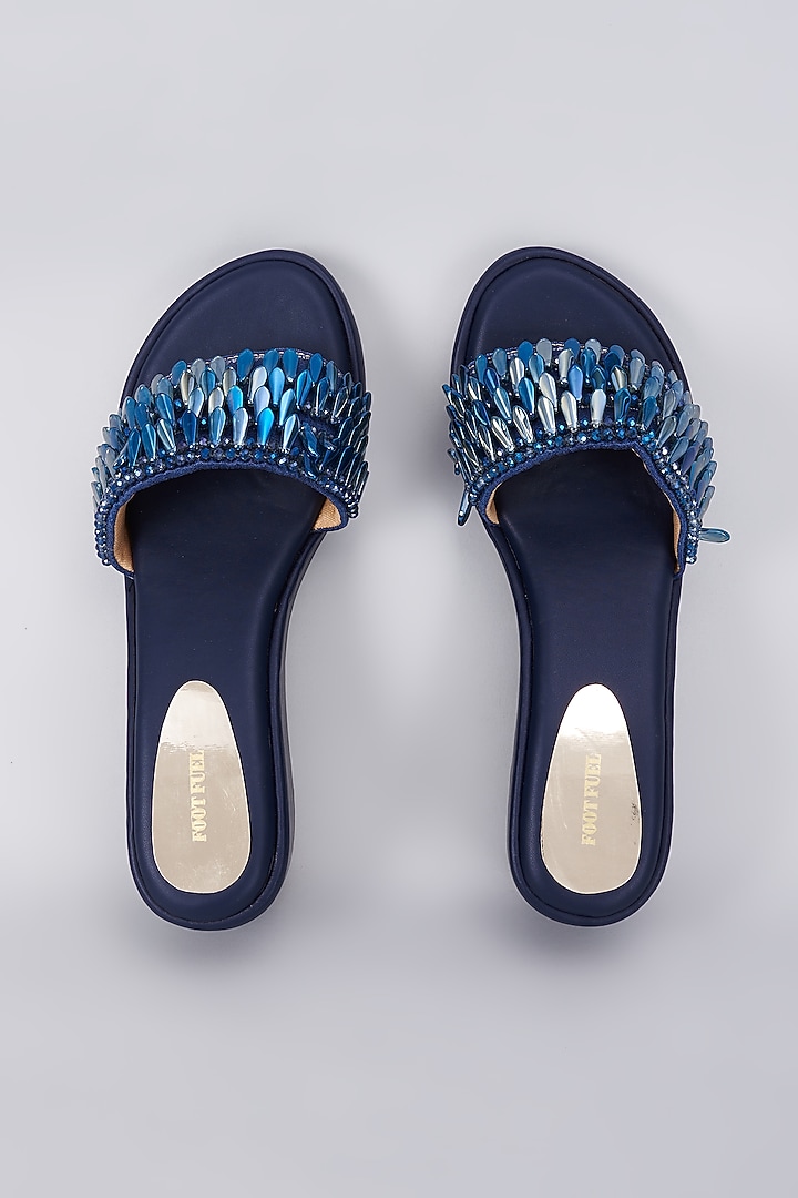 Dark Blue Rexine Crystal Embellished Wedges by Foot Fuel at Pernia's Pop Up Shop