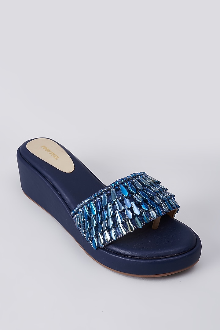 Dark Blue Rexine Crystal Embellished Wedges by Foot Fuel at Pernia's Pop Up Shop