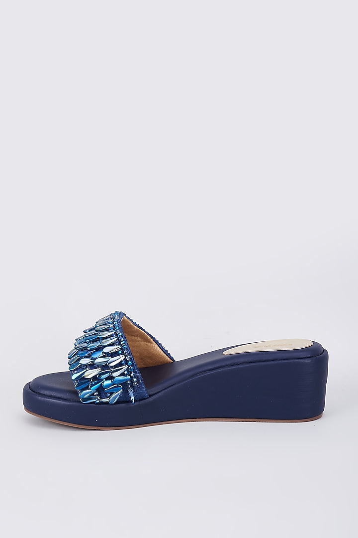 Dark Blue Rexine Crystal Embellished Wedges by Foot Fuel at Pernia's Pop Up Shop