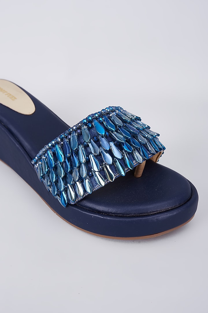 Dark Blue Rexine Crystal Embellished Wedges by Foot Fuel at Pernia's Pop Up Shop