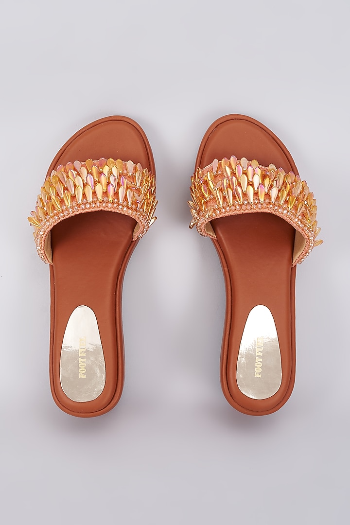 Orange Rexine Crystal Embellished Wedges by Foot Fuel at Pernia's Pop Up Shop