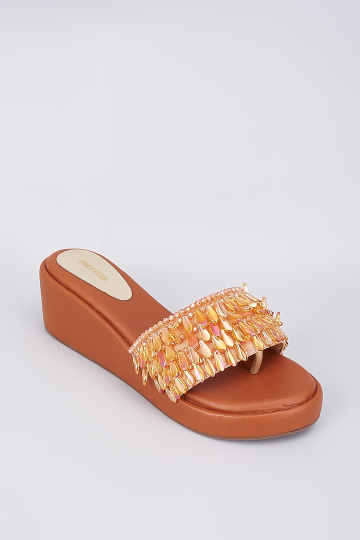 Orange Rexine Crystal Embellished Wedges by Foot Fuel at Pernia's Pop Up Shop