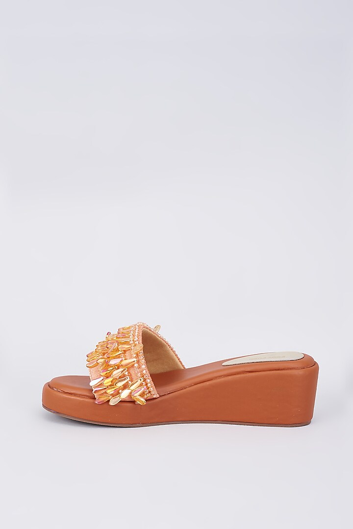 Orange Rexine Crystal Embellished Wedges by Foot Fuel at Pernia's Pop Up Shop