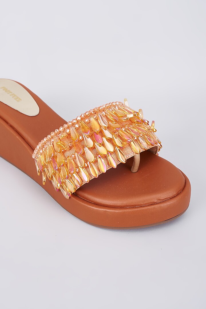 Orange Rexine Crystal Embellished Wedges by Foot Fuel at Pernia's Pop Up Shop
