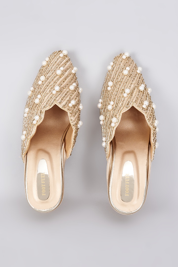Tan Silk & Rexine Zardosi Embellished Juttis by Foot Fuel at Pernia's Pop Up Shop