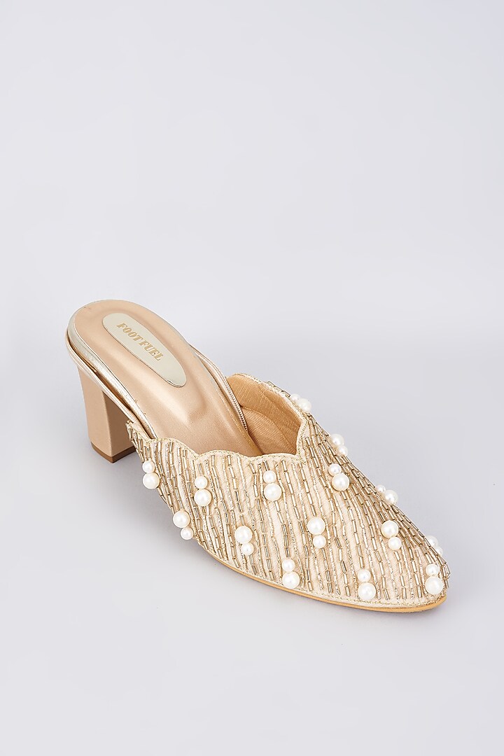 Tan Silk & Rexine Zardosi Embellished Juttis by Foot Fuel at Pernia's Pop Up Shop