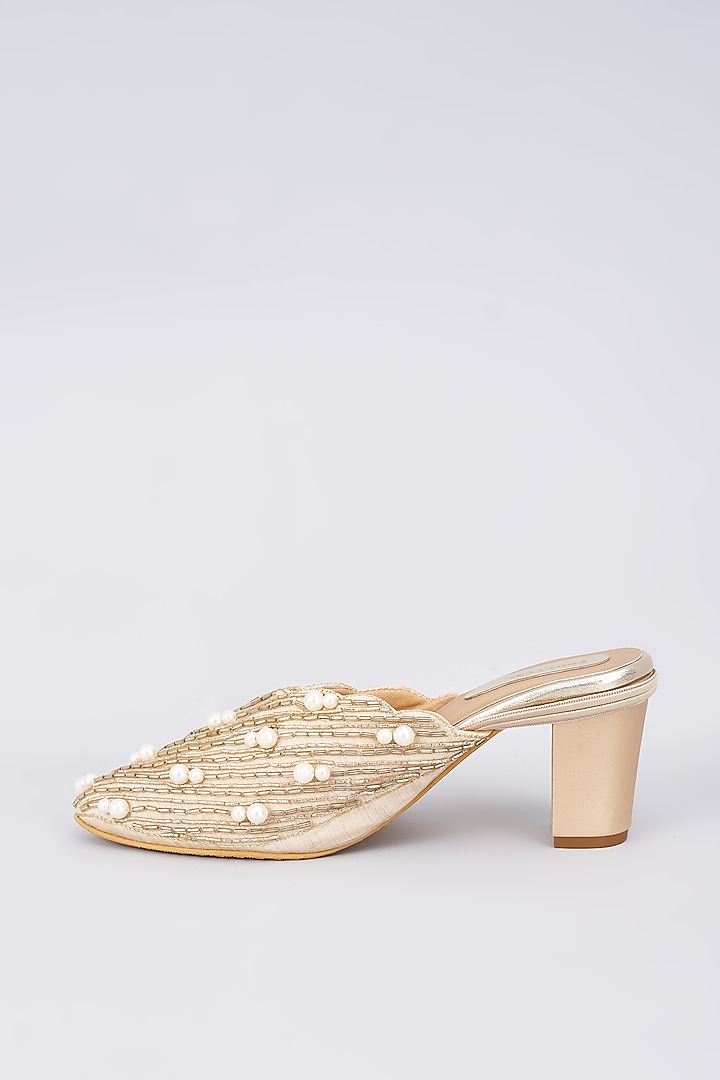 Tan Silk & Rexine Zardosi Embellished Juttis by Foot Fuel at Pernia's Pop Up Shop
