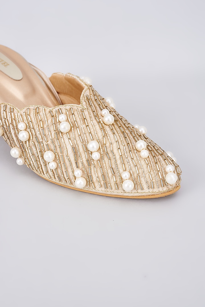 Tan Silk & Rexine Zardosi Embellished Juttis by Foot Fuel at Pernia's Pop Up Shop