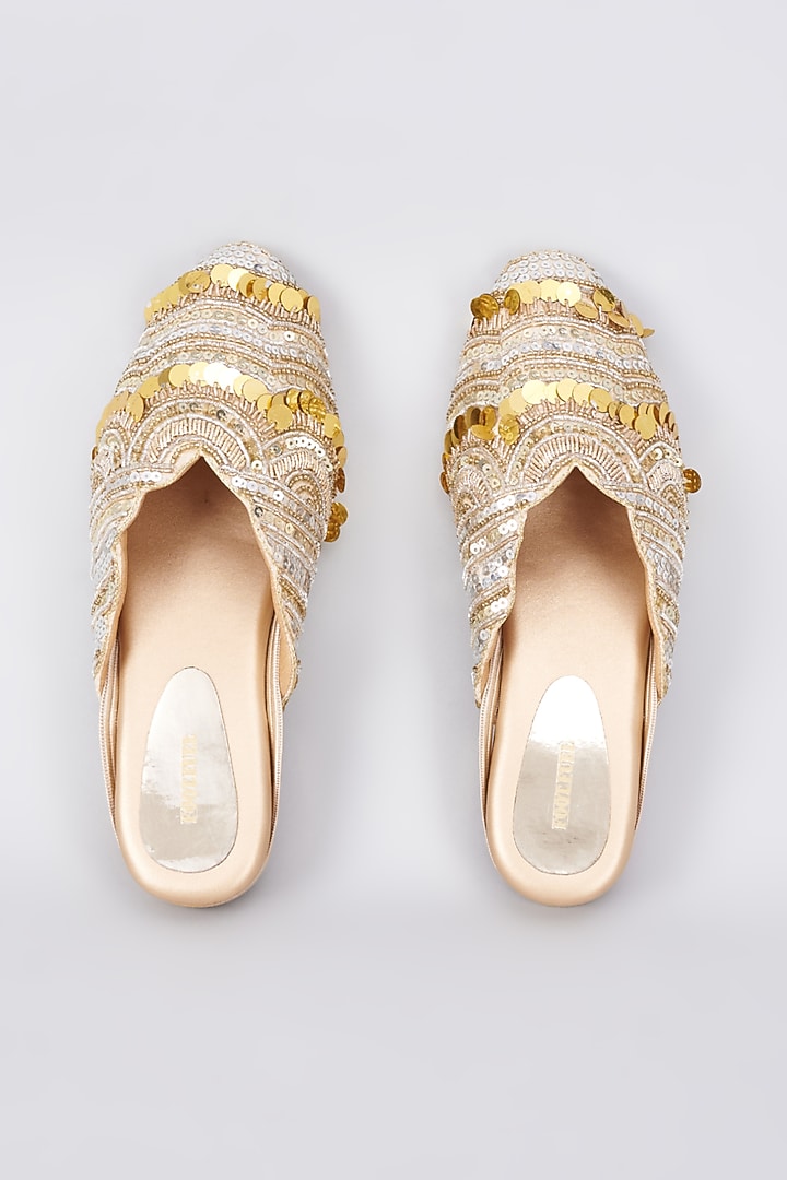 Tan Silk & Rexine Zardosi Embellished Juttis by Foot Fuel at Pernia's Pop Up Shop