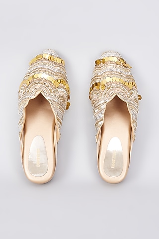 Tan Silk & Rexine Zardosi Embellished Juttis by Foot Fuel