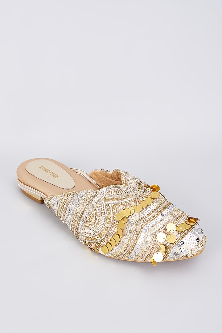 Tan Silk & Rexine Zardosi Embellished Juttis by Foot Fuel at Pernia's Pop Up Shop